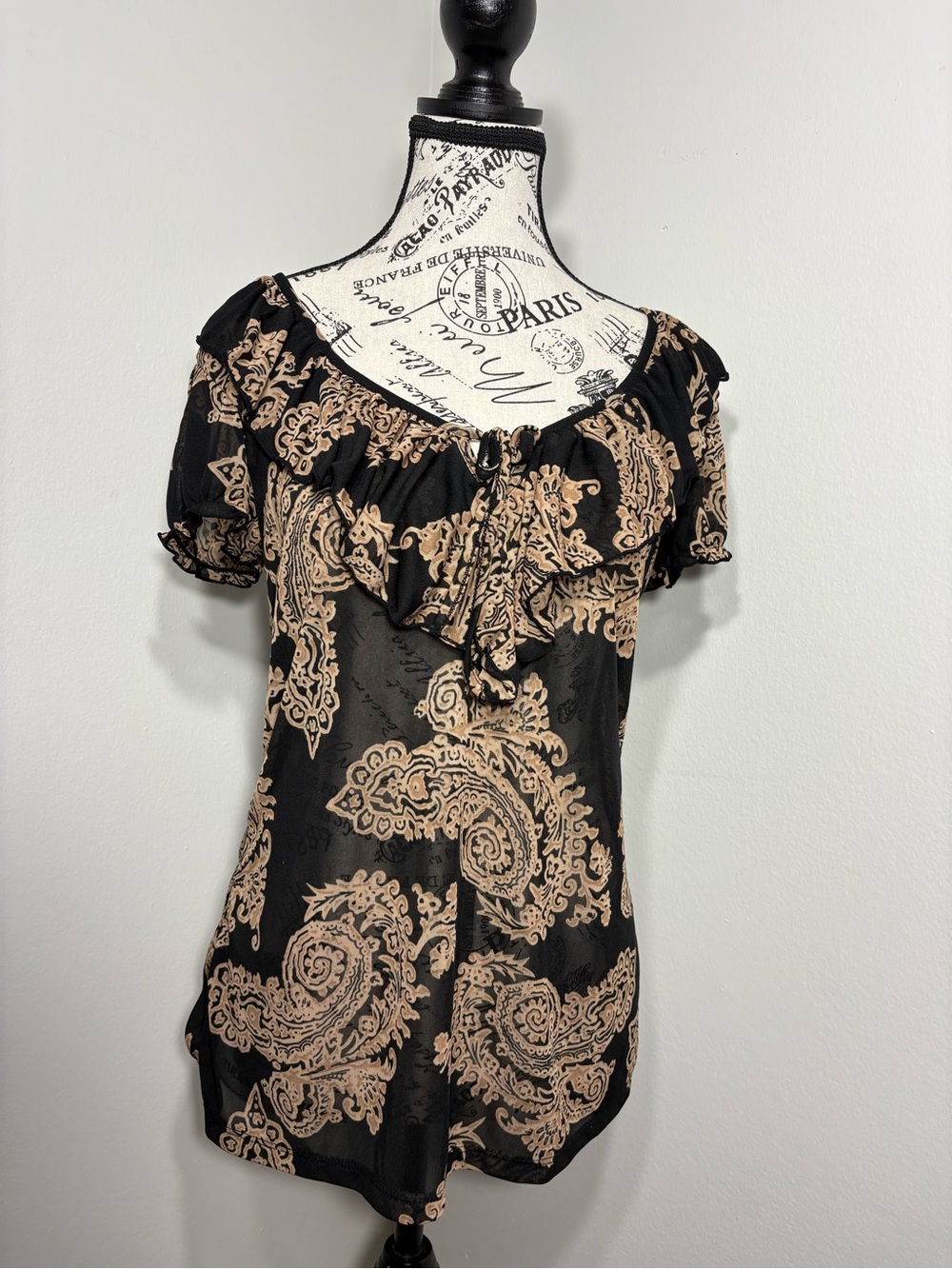 INC International Concepts Black and Tan Paisley Ruffle-Front Blouse